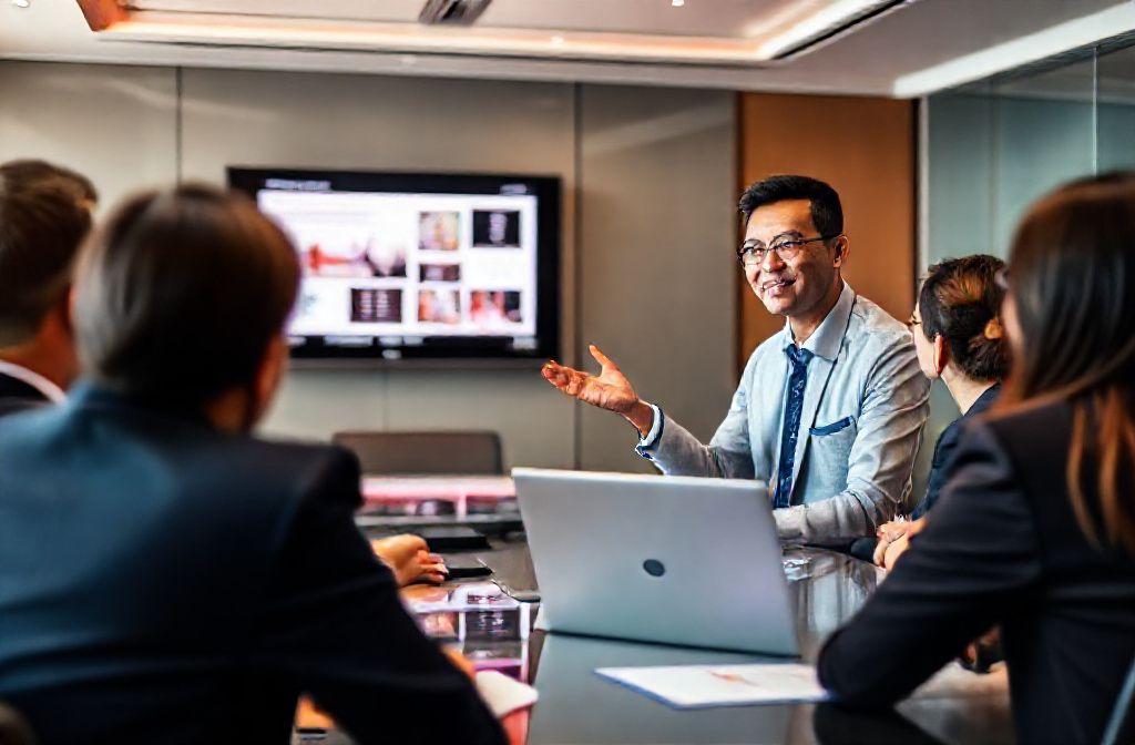 Professional presenting in English in a boardroom