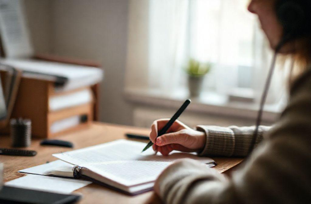 Practising English speaking with headphones and notes