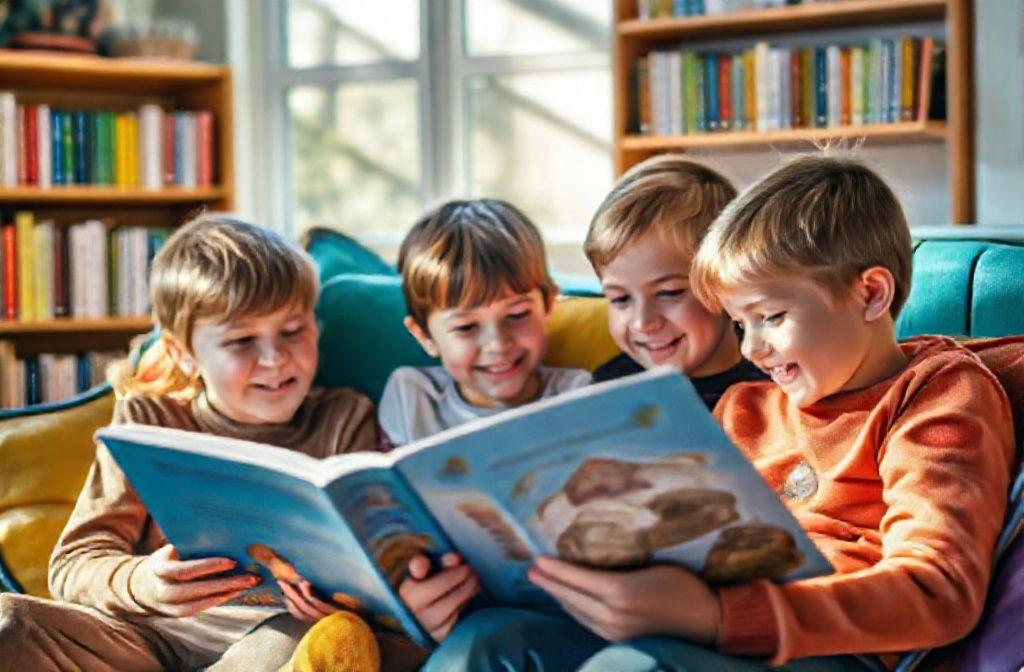 Children reading English storybooks in a reading corner